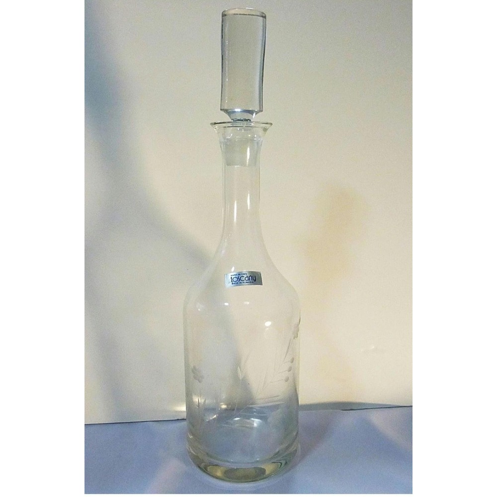 Vtg Toscany wine liquor decanter etched stopper clear bottle hand blown Romania